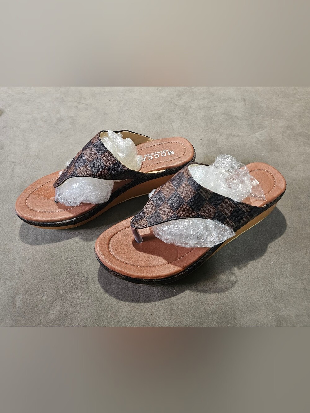 Women’s Brown Check Thong Wedge Sandals